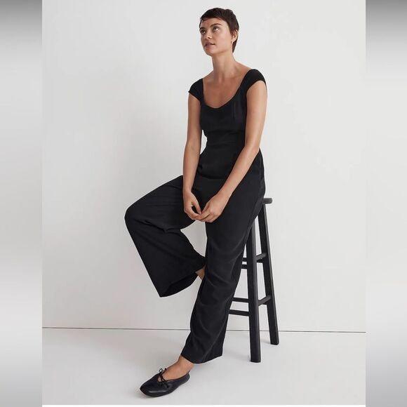 Madewell Cap-Sleeve Crop Wide-Leg Jumpsuit Black Size 10 - Picture 1 of 11